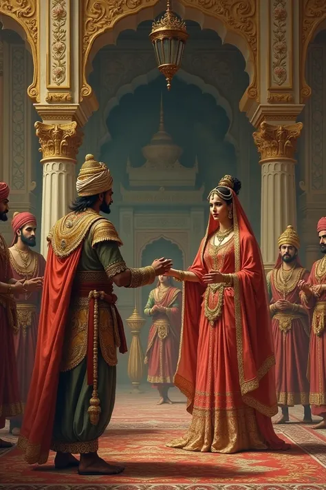 Mughal Proposal: An opulent Mughal court scene with Siraj-ud-Daulah’s messenger delivering a marriage proposal, while Rani Bhavani looks visibly angered.
