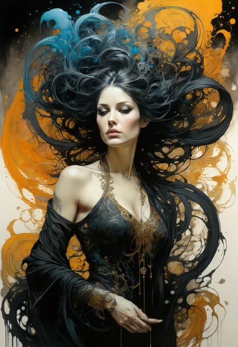 Colorful beautiful woman: Black ink flow: 8k resolution  masterpiece: by Aaron Horkey and Jeremy Mann: intricately detailed fluid gouache painting: by Jean Baptiste Mongue: oil color art, professional , natural lighting, volumetric lighting maximalist illu...