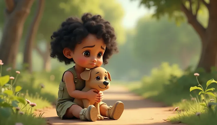 
Drawing of a sitting baby girl with his puppy in short black curly hair, black eyes, brunette wearing a Safari themed dress, sitting with sneakers on her feet in park, rens book illustrations , looks sad, Pixar, 3d, render 