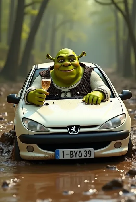 Shrek driving a white 2002 Peugeot 206 in his swamp in a lot of mud and shit, he is wearing tennis chains with diamond earrings,  the car is drowning in mud until the bumper but shrek is drinking champagne 