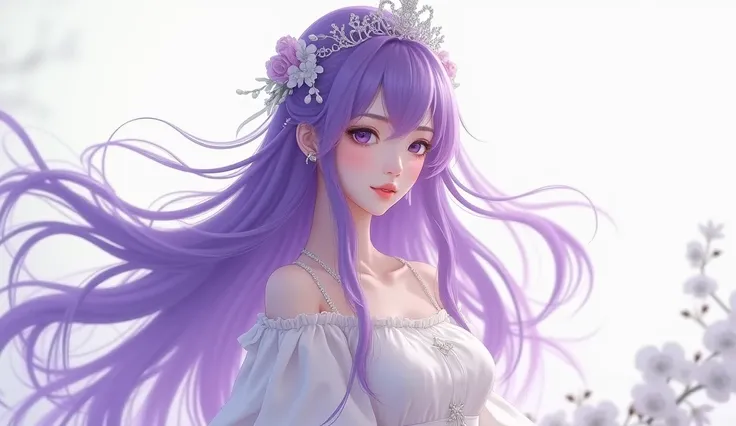 Japanese young beautiful women with long purple hair, a princes, white dress, nice body, UHD, 8K, 16:9