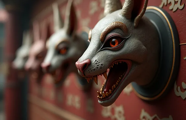 In ancient China, there were several strange animal heads hanging on the wall, (Face Detail Optimization: 1.5) (Masterpiece), (Advanced: 1.5), Top CG, Highest Quality, Right Proportions, Perfect Composition, High Quality Detail, Perfect Detail, (Super Deta...