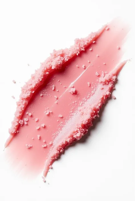 The image is an advertisement for a body scrub. a scrub smear is depicted.The simple design on a white background highlights the texture and color of the scrub. The scrub is a coarse-grained mixture of pink color with visible granules, which suggests the p...