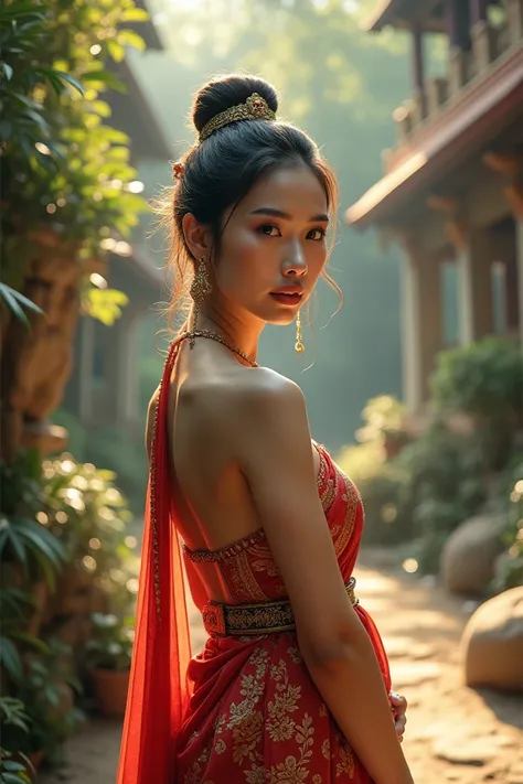  "A beautiful Thai woman in traditional Thai attire with an elegant and slightly sensual appearance. She has a fit figure, fair skin, and classic Thai facial features. The background is inspired by ancient Thai architecture and landscapes, evoking the peac...