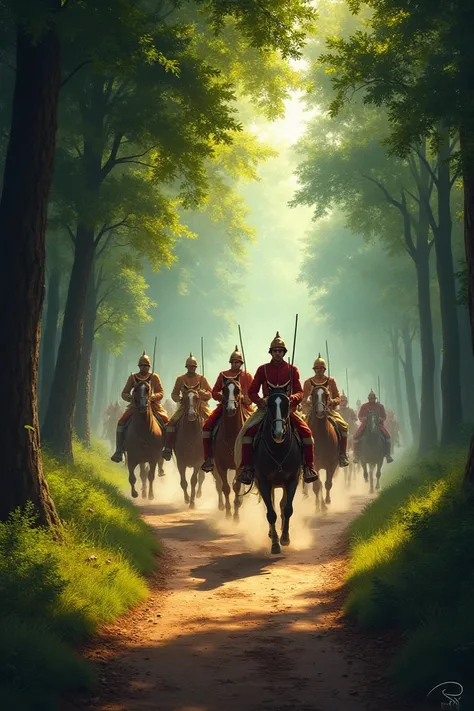 Siraj-ud-Daulahs Army Pursuit: Mughal soldiers on horseback, crossing a forest path with determination, chasing Rani Bhavani’s entourage.