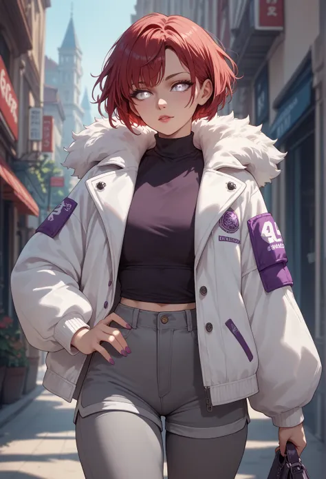 Short-haired girl with white eyes, red, purple, white fur jacket, blouse in purple mixed red, very black shorts, gray underpants