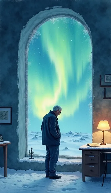 watercolor painting, a lone figure of a man in his 40s silhouetted against the ethereal glow of the aurora borealis shining through a frosted window in a small Arctic research room.  The vast expanse of the night sky dominates the upper part of the image, ...