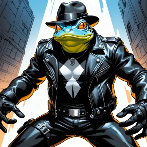 Closeup, comic book style art of an extremely badass anthropomorphic light blue and white bullfrog wearing an insanely cool black leather biker jacket open, black fedora, black shirt, black leather biker gloves, black leather pants, harcore dynamic action ...