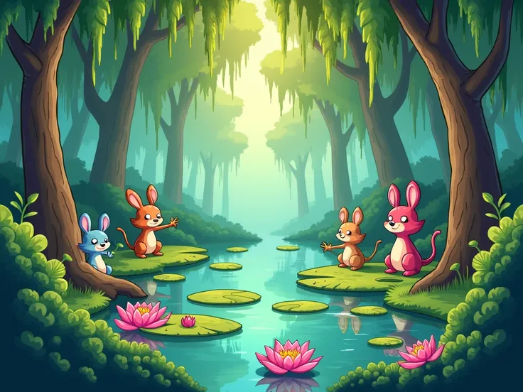 cartoon swamp with lotus 