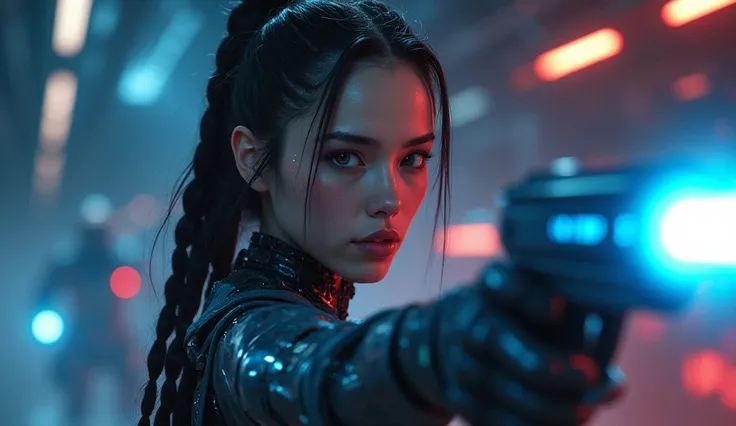 1girl, long braided hair, battle cyber droid, looking at viewer, bloody space battle, in space, blue lasers, shooting at enemy, detailed eyes, detailed lips, extremely detailed face, cinematic lighting, dramatic atmosphere, vibrant colors, sci-fi, concept ...