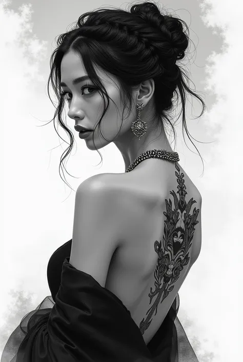 An ethereal black and white ink and charcoal illustration of a stunning light-skinned Korean woman exuding elegance and mystery. She stands with her back turned, casting a captivating glance over her shoulder, as if harboring an indescribable secret. Her b...