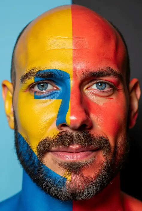 Close-up portrait of a 60 year old bald bearded man, face divided into vibrant, geometric shapes of bold colors. Intense, expressive eyes, striking blue, meet the viewer. Full, red lips are slightly open, displaying a subtle smile. Face is painted with bri...