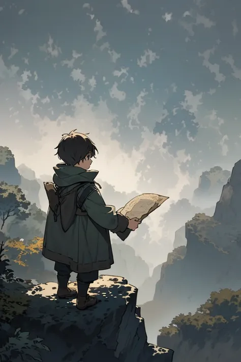  A young adventurer stands on the edge of a cliff ,  looking towards the dense forest shrouded in mysterious mist. in his hand, he holds an old map that looks fragile .