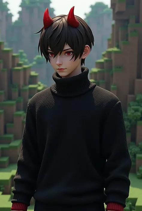 black sweater with red wist of minecraft male character with red eyes with tiny red horns with dark brown hairs with minecraft background