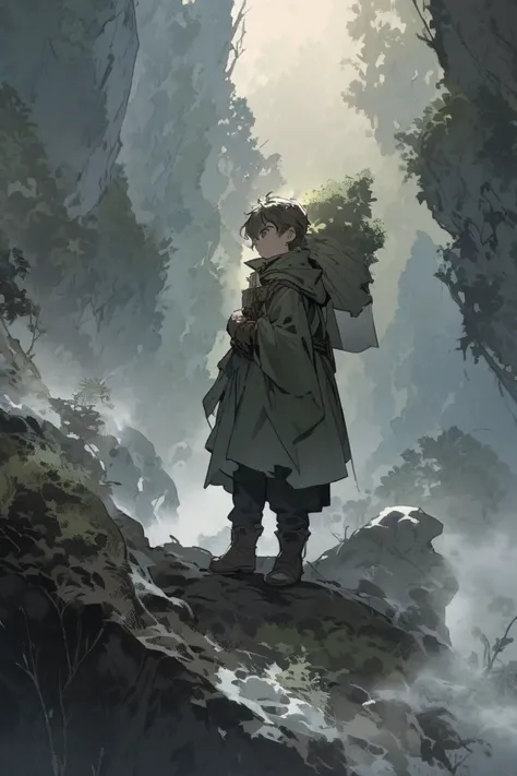  A young adventurer stands on the edge of a cliff ,  looking towards the dense forest shrouded in mysterious mist. in his hand, he holds an old map that looks fragile