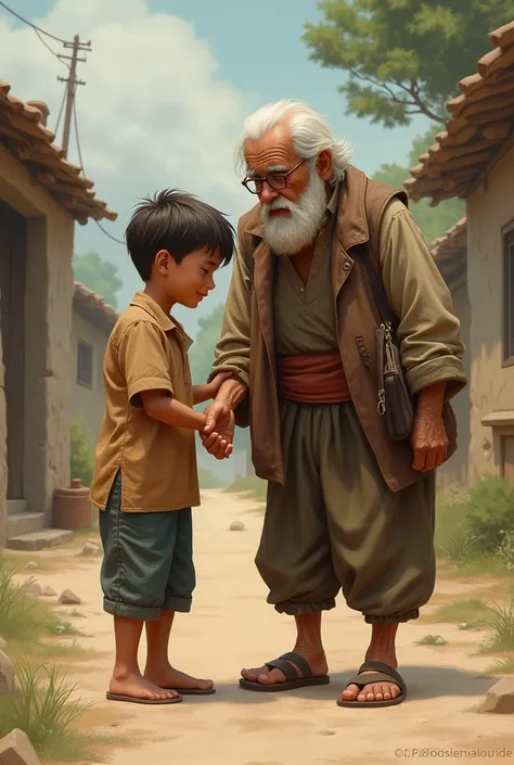 Boy helping an old man