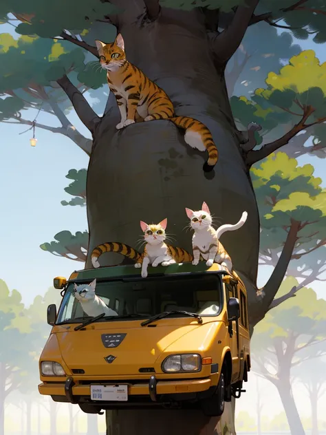 Looking up， Many cats are lying on a huge pine tree，A cat and cat bus is parked under a tree ，