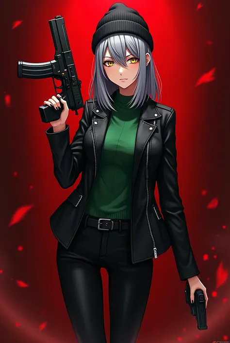 Beautiful Anime girl with gray straight hair, yellow eyes, green sweater, black leather jacket, black skinny jeans, black high heeled boots, black beanie, holding gun, bloody background,