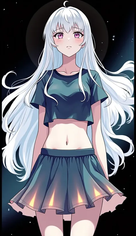 a close up of a person in a skirt with a shirt on, white haired deity, anime character, perfect white haired girl, anime girl with long hair, with white long hair, girl with white hair, with long white hair, anime girl, anime visual of a cute girl, cute an...