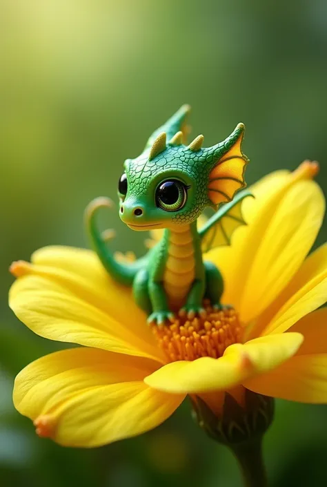 A tiny green dragon, only 2 cm tall, perched delicately on the yellow petal of a vibrant flower. Its scales shimmer with subtle emerald hues, and its delicate wings are semi-transparent with intricate vein patterns. The dragons pose is curious and playful,...