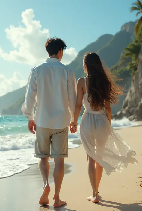 Figure of a young Korean man, 30 years old, 170 tall, heavy 70, walking around the shoulders of a beautiful, long-haired girl at a beautiful seaside beach, clearly seeing the young mans face. 