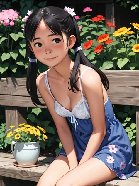  one girl、Simple girl、garden、 is sitting on a bench、 blue sky、Bright Sun、 detailed hair、 detailed face 、 detailed skin、( small breasts)、(( cleavage))、( short floral dress)、 slender 、 hair that flutters like、smile、blush、Looking up、 embarrassing expression、(...