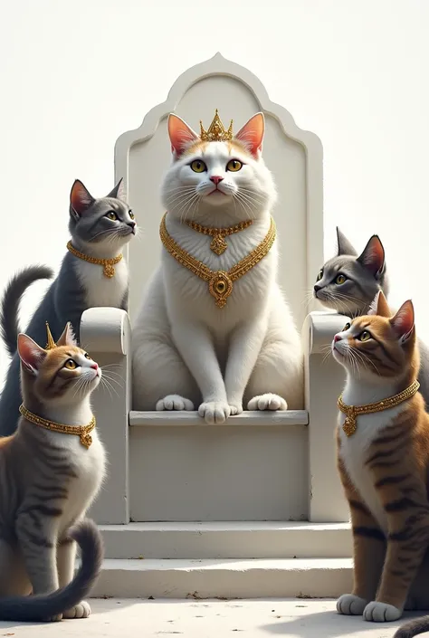  Draw a white-gray cat on a white stone throne with gold and silver jewelry.  Her peoples cats stand around her , with an expression of respect and joy .  The cat looks confident and wise . Make the picture realistic  