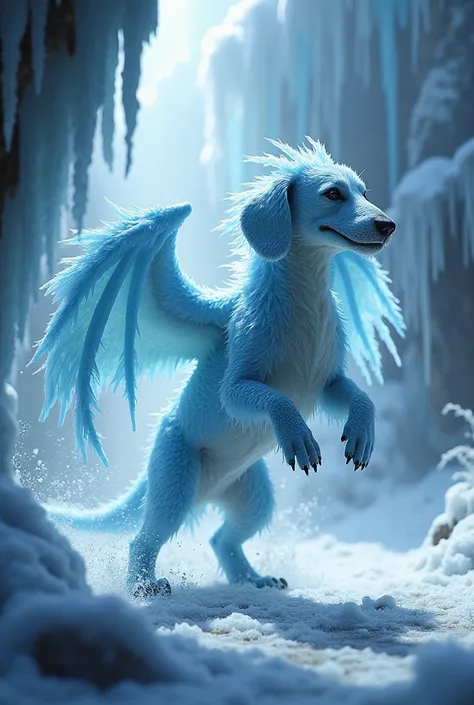 Create an image of a dangerous, fighting hybrid fusion between an ice dragon and a Dachshund. The scene should be set in an icy cave where the environment always emits icy elements from the ground. The ice dragon-Dachshund hybrid should combine the icy bre...