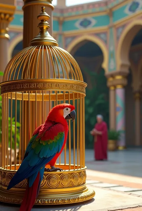 "A vibrant talking parrot sitting silently in the corner of an ornate golden cage, not speaking. The parrot, with colorful feathers, remains calm and still, its eyes focused but without any sign of movement. The cage is set in a grand palace courtyard with...