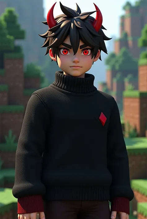 black sweater with red wist of minecraft male character with red eyes with tiny red horns with dark brown hairs with minecraft background