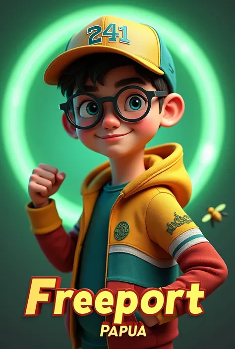 "A teenage boy in a 3D animation style with a smile yet gentle expression, wearing a golden and silver hoodie with teal red accents and a matching baseball cap that says Freeport. On the sleeve of the hoodie, there is an emblem with 241, giving a personal ...