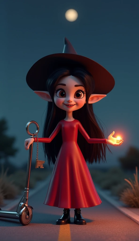 A 3D-rendered image of a  witch standing on a deserted road at night, brightly illuminated by magical light. She is wearing a red dress, with long black hair flowing gently down her back. Her large, expressive eyes are outlined with dark kohl, and her poin...