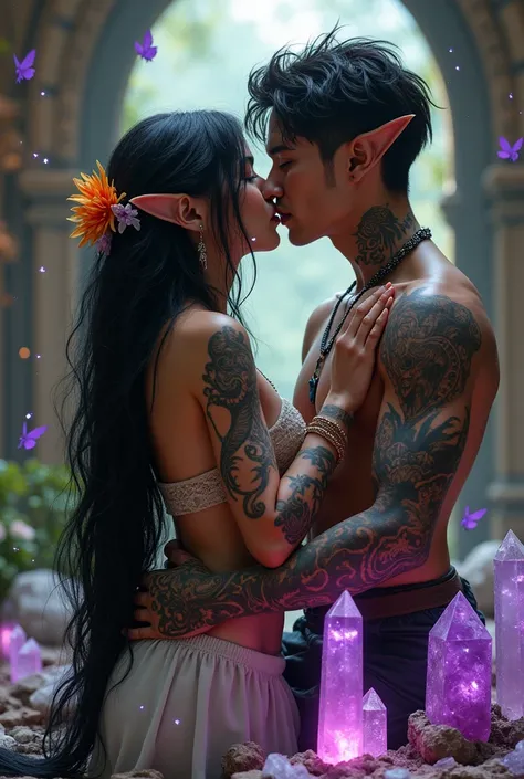  ultra-realistic image of a woman kissing on a Mayan altar with quartz crystals an elf woman with little ears PECOSA with tattoos, with very long BLACK hair and flowers in her hair  .  her skin on the figure has dragon SCALES ,  and there are bright orange...