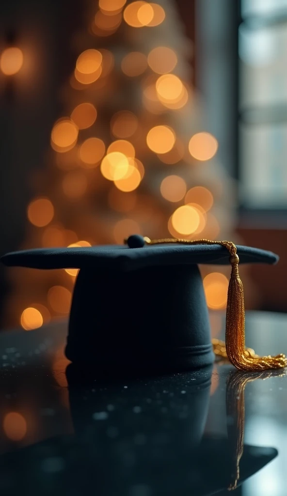  A black graduation hat with gold tassel , placed on a shiny dark surface .  in the background , Dim, defocused lights simulate an elegant atmosphere of celebration.