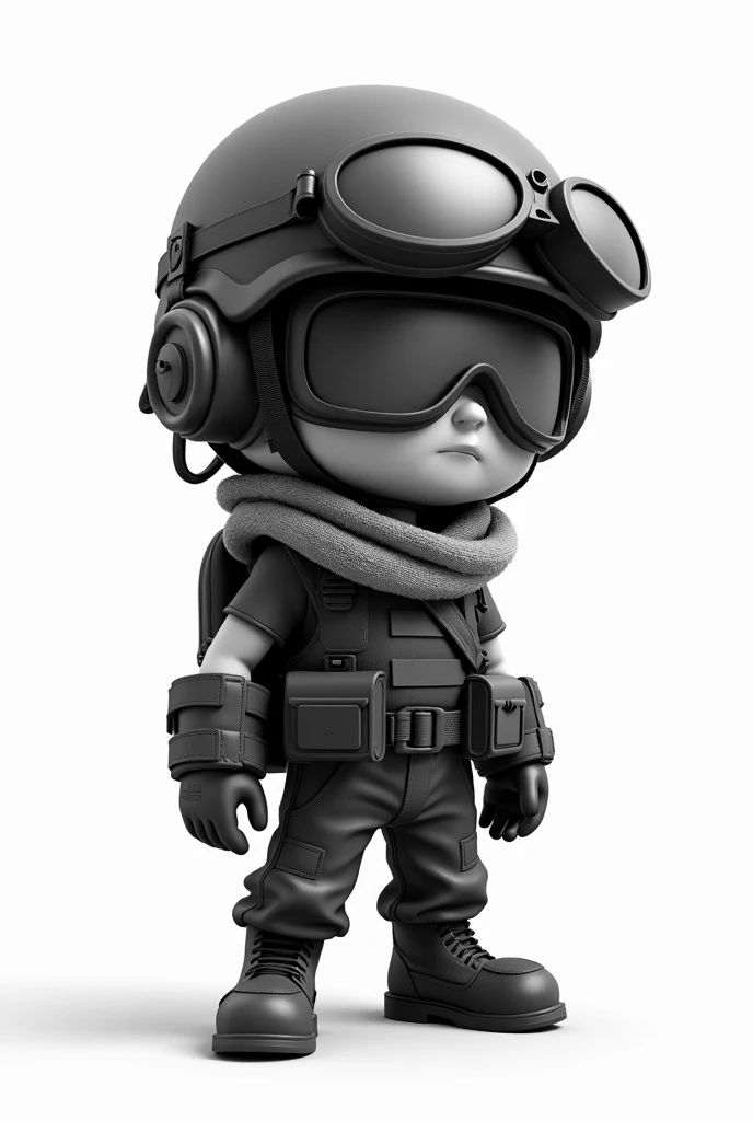 2D cartoon small guy in apocalyptic style black and white wearing a military helmet with night vision googles on his eyes, baclava, military vest, military trousers and heavy boots. He is looking to right with whitebackground. No shadows