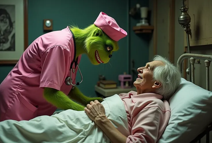 The Grinch in pink, dressed as a nurse next to an old bedridden patient