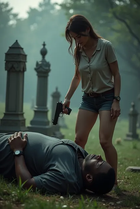 A very thin, brown-haired white woman wearing a small shirt with a gun pointed at the head of a very fat black man lying on the ground inside a cemetery 