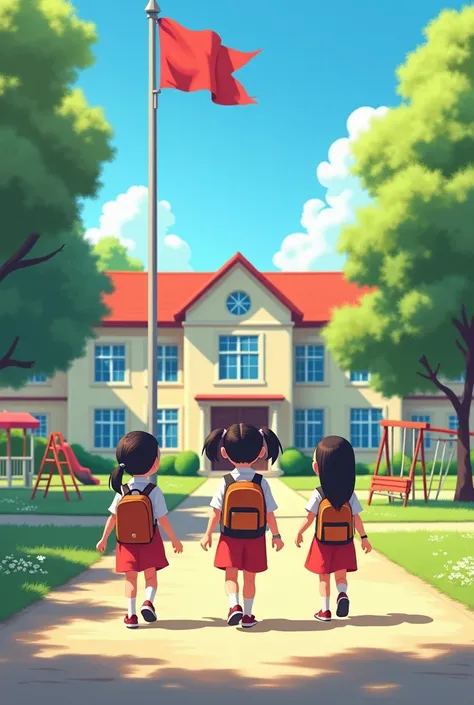 A  walks to school with her friends. In front of the school there is a flagpole, a playground.
