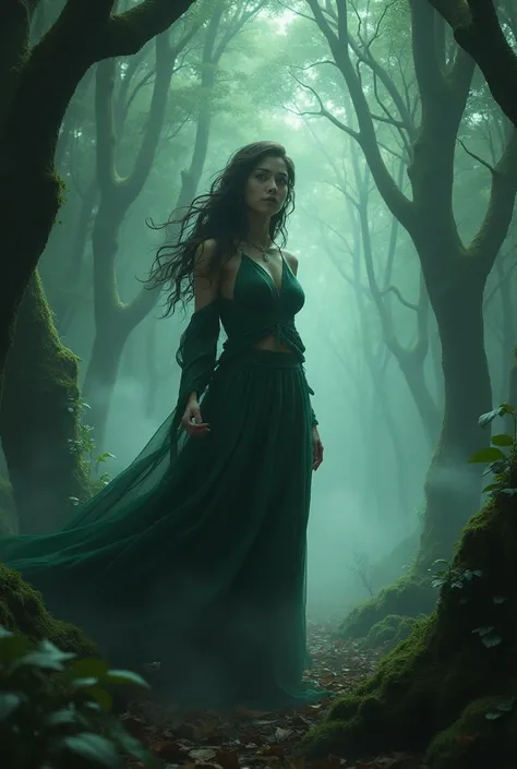 Create a picture of a beautiful and intelligent woman named Persephone who is interested in researching the forbidden forest called Aetheria. Focus more on the forest and make it more scary with a magical feel