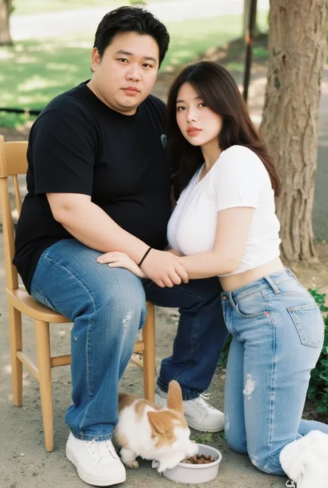 A realistic photograph captured by a professional photographer featuring an Asian man with a slightly chubby build and a noticeable belly, wearing a black t-shirt, jeans, and white sneakers, seated on a wooden chair and facing the camera. A Japanese woman ...