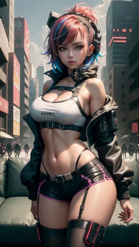 ( extremely detailed CG unit 8k wallpaper ), ( costume),  artwork,  best quality, Lucia (cyberpunk), May, Alone, breasts, cyberpunk city,  multicolored hair,  short hair,  Looking at the spectator, medium breasts, black May,  gray eyes, hip ventilation,  c...