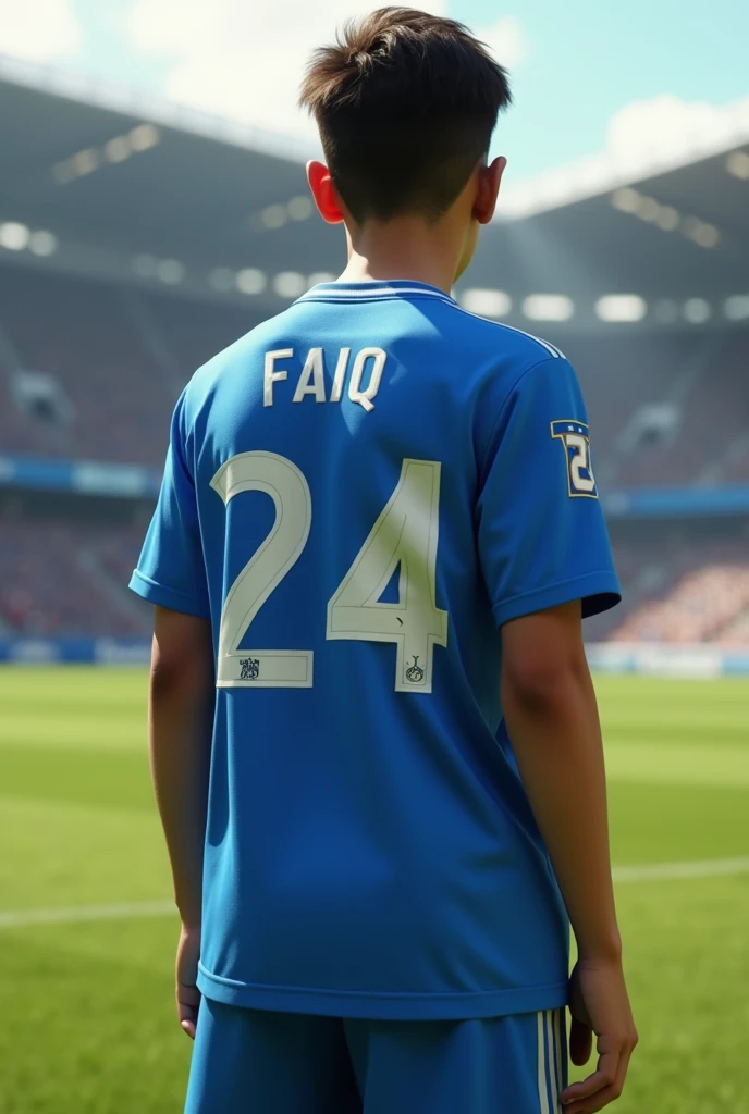 back turned a football player with a blue jersey, number 24 and it says FAIQ on the back , fair skin and a bit of hair, and realistic, youth player