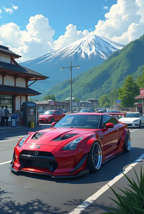  The drifting clan from the game FRLegends ,  JDM does 
collaborations with the RedSuns , there are 10 people ,  all with 
with your JDM cars and hard toning and 
tuned,  sitting in the parking lot at the gas station , against the background of Japanese mo...