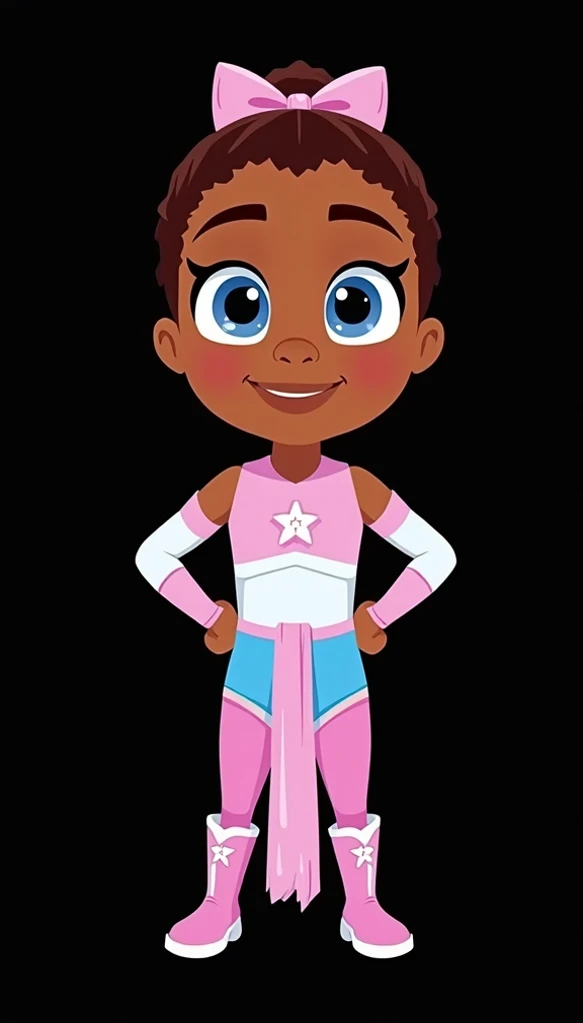 Mily, PJ Masks OCs, Afro-American skin, blue makeup, ponytail hair, pink Headbow, pink shirt with arms, pink leggins, pink tall Boots, pj masks style 2d animation,