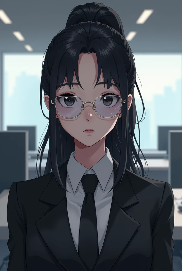 1girl, wearing office uniform, ponytail hair, from front, wearing transparent sunglasses, black eyes, black hair, background office