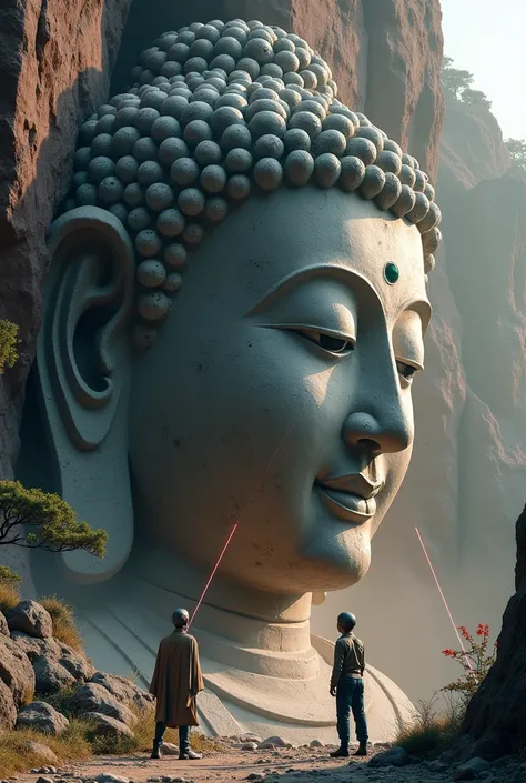 A hyper-realistic photograph of alien beings carving the Leshan Great Buddha statue into a massive stone face using laser technology. Photo taken with a Canon EOS R5, 24-70mm f/2.8 lens, highlighting detailed textures and the dramatic scene.