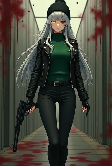 Beautiful anime girl in her 20s with gray long straight hair, yellow eyes, green sweater, black leather jacket, black skinny jeans, black high heeled boots, black beanie, holding gun, bloody background,