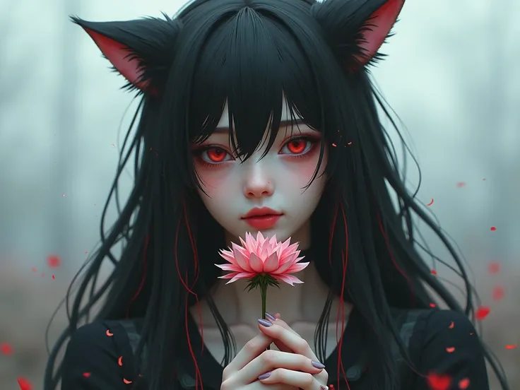  black hair, long hair,   red and white mesh hair, Cat ears,  shedding a few tears 、Holding 1 flower 、sad