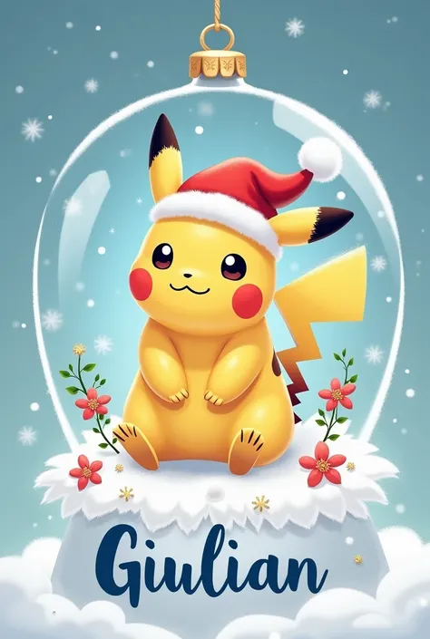 
Image Disney pikachu avec un bonnet de noël dans une boule de noël genre de verre soufflé avec des fleurs de noël et quelques plumes blanches. Pikachu est assis sur des plumes blanches fluffy blanches. Écrit Giulian en bleu. Le fond sera bleu dégradé.
