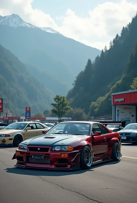  The drifting clan from the game FRLegends ,  JDM does 
collaborations with the RedSuns , there are 10 people ,  all with 
with your JDM cars and hard toning and 
tuned,  sitting in the parking lot at the gas station , against the background of Japanese mo...